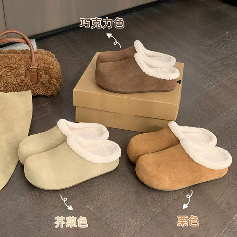 New 6cm Hidden Heel Warm Slip-On Enclosed Toe Fur Mules Thick Sole Slippers for Women