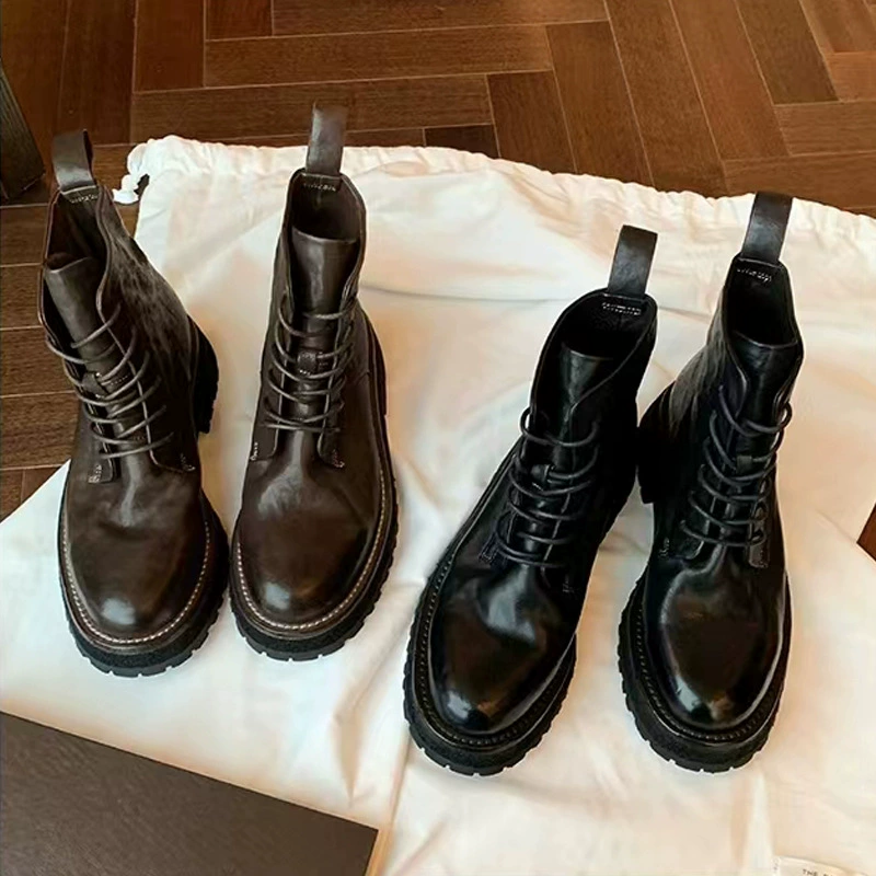 Botas Curtas Motorcycle Outono Inverno Couro de Cavalo Bico Redondo Amarração Britânica Plataforma Martin Femininas