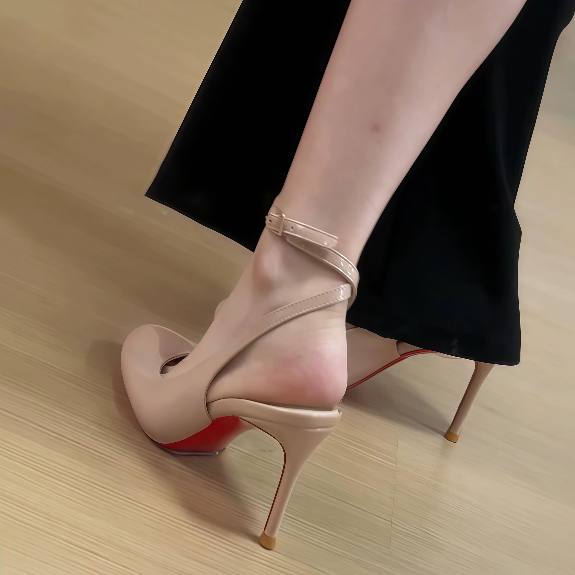 Chuyuji Escarpins bout rond nude femme 2026 nouveau bride cheville semelle rouge cuir verni bureau · MOHE China shoe factory
