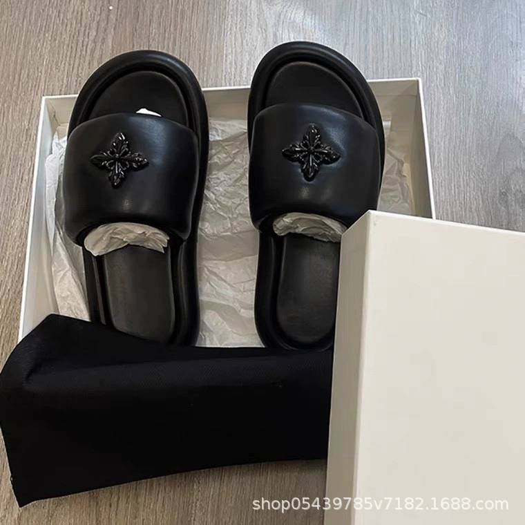 Mules ballon noires coréennes, tongs à plateforme à fleurs croisées semelle épaisse · MOHE China shoe factory