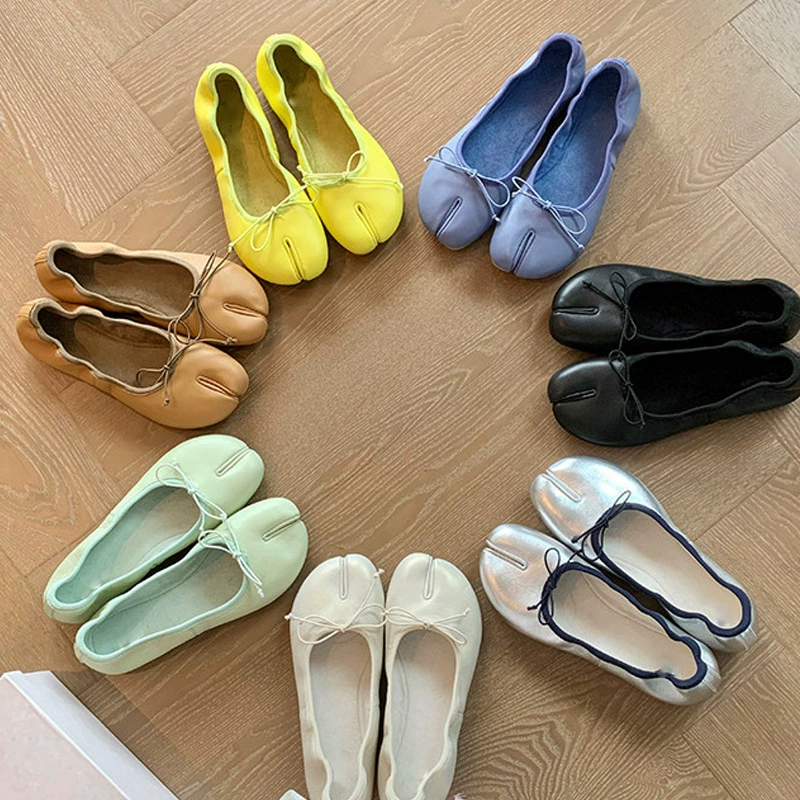 Summer New French Cloud Mary Jane Shoes, Soft Leather Bow Toe Flat Split-Toe Shoes
