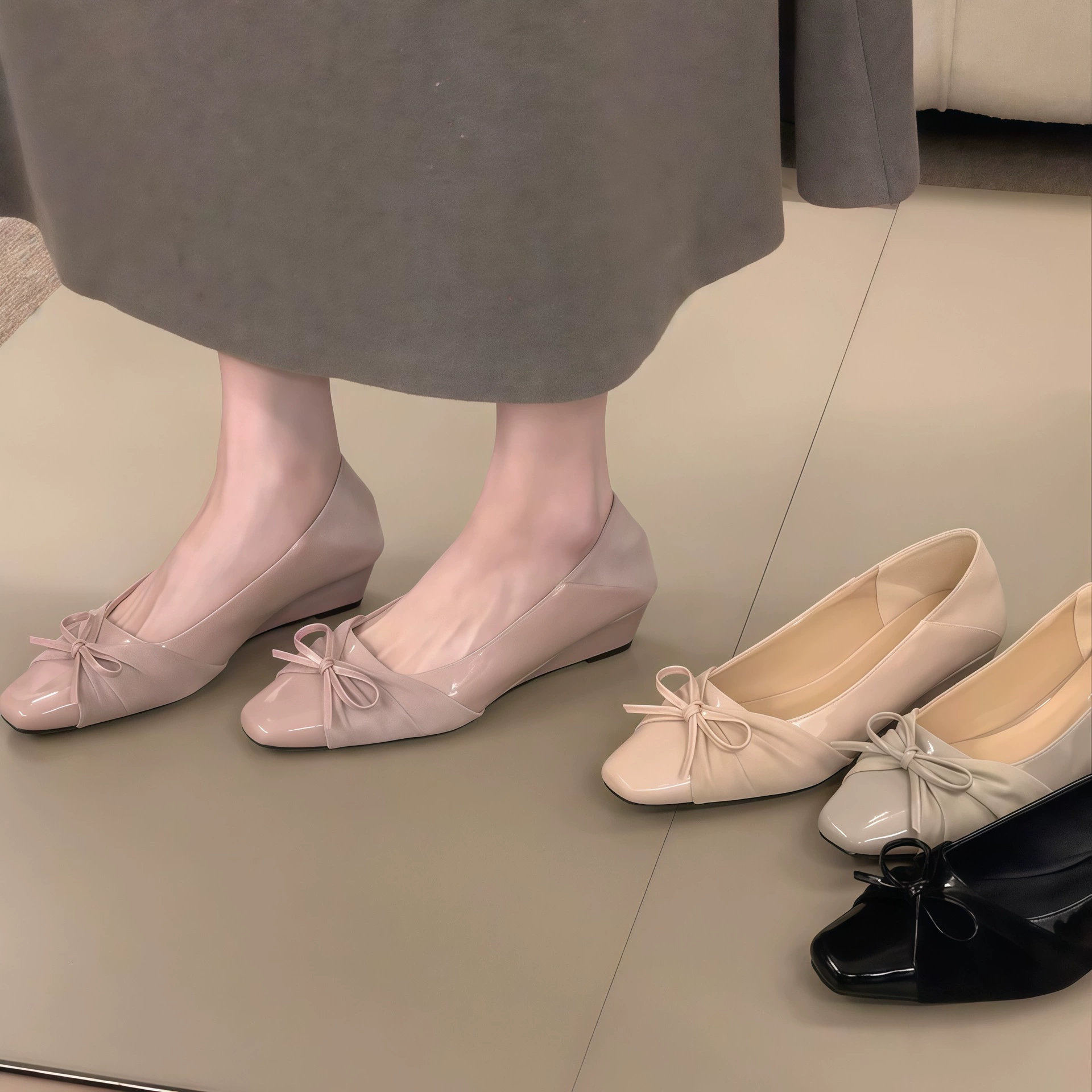 Chuyuji French Lila 2-Wege-Keilschuhe 2026 Neu Weiches Patentleder Schlupf Damen Büro · MOHE China shoe factory