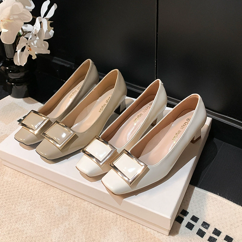 New Spring Square Toe Chunky Heel Pumps for Women, Slimming Buckle Office Shoes