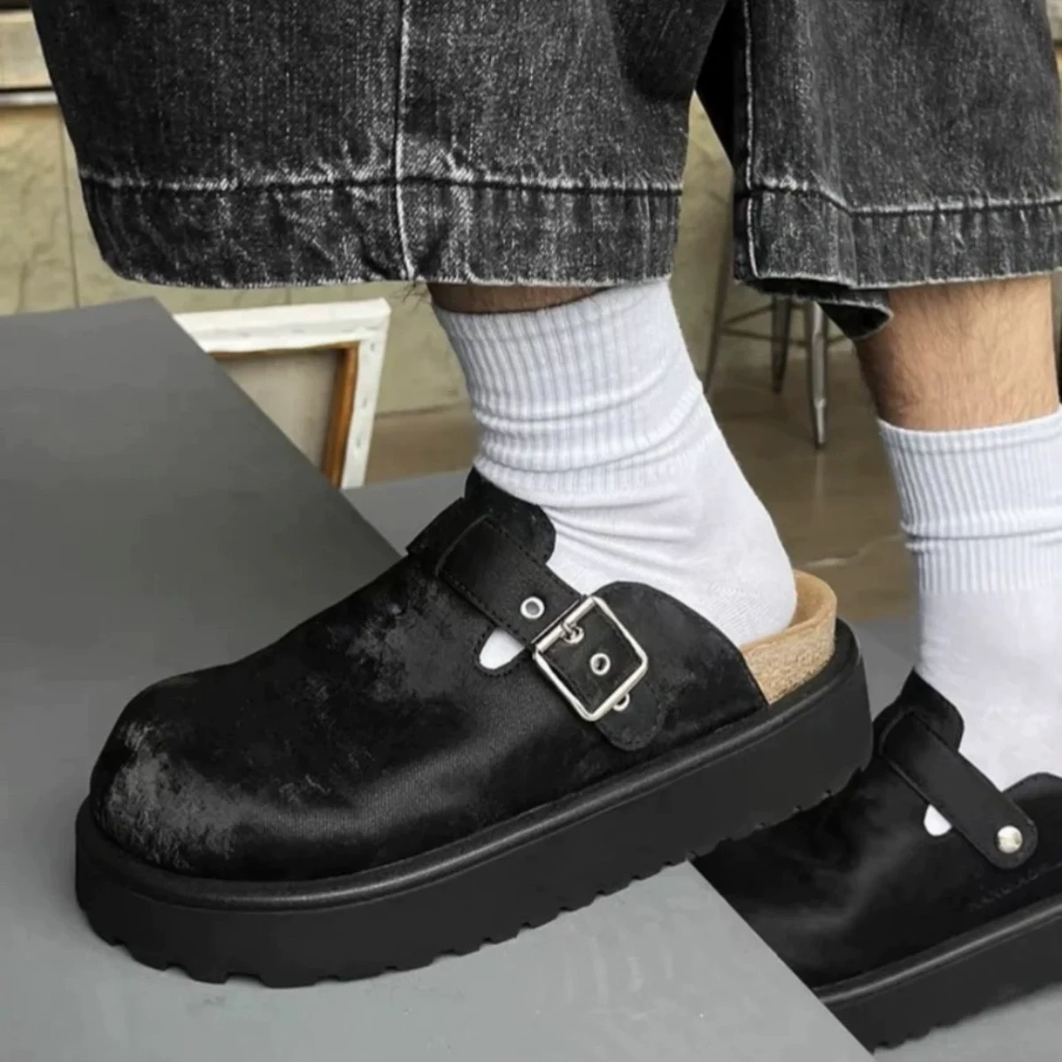 Женские новые мюли Birkenstock с закрытым носком из атласа на толстой подошве, весенние повседневные