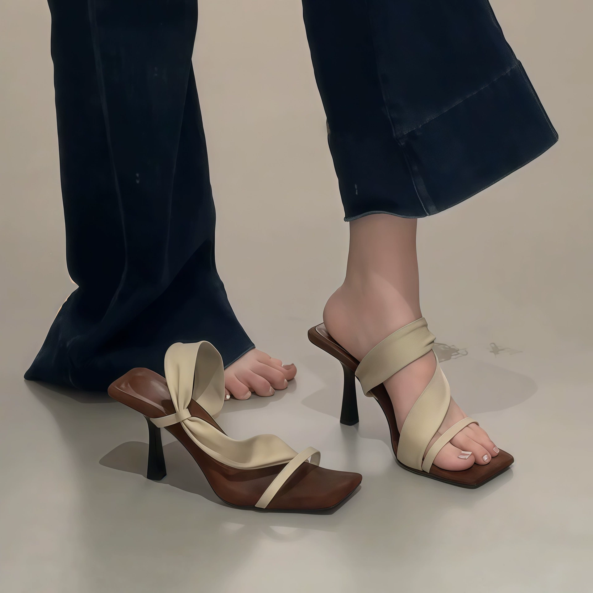 Chuyuji Sandales à talon haut femme, bout carré, été 2026, style coréen, mules décontractées · MOHE China shoe factory