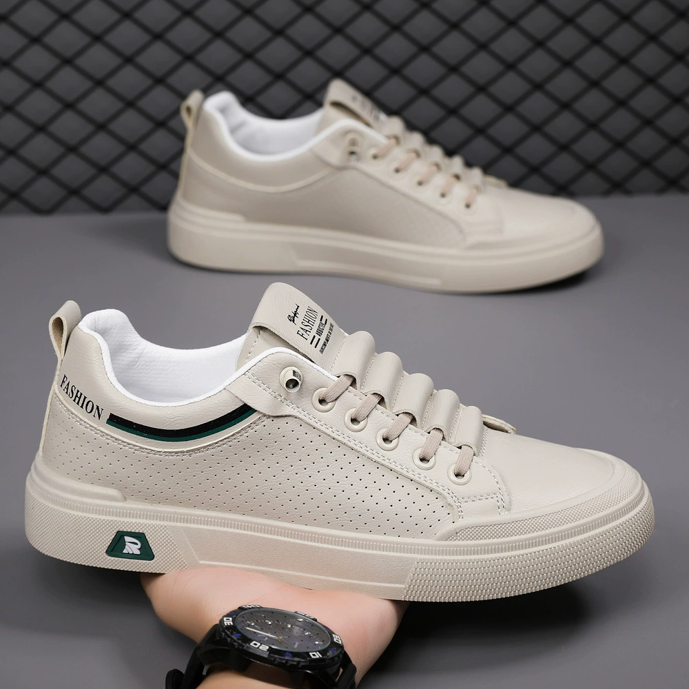 Spring Summer Men's Casual Leather Shoes Breathable Sports Board Shoes White Sneakers