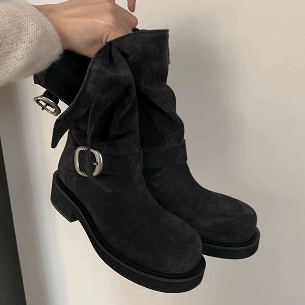 Neue Vintage Gürtelschnalle Runde Spitze Plattform Motorradstiefel für Damen