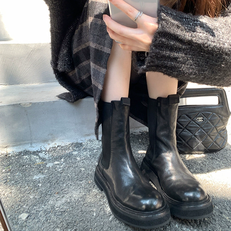 Echtes Leder Vintage Stiefel, runde Spitze, dicke Sohle, britische Chelsea Boots, Knöchel, Winter, gefaltet, Barrel
