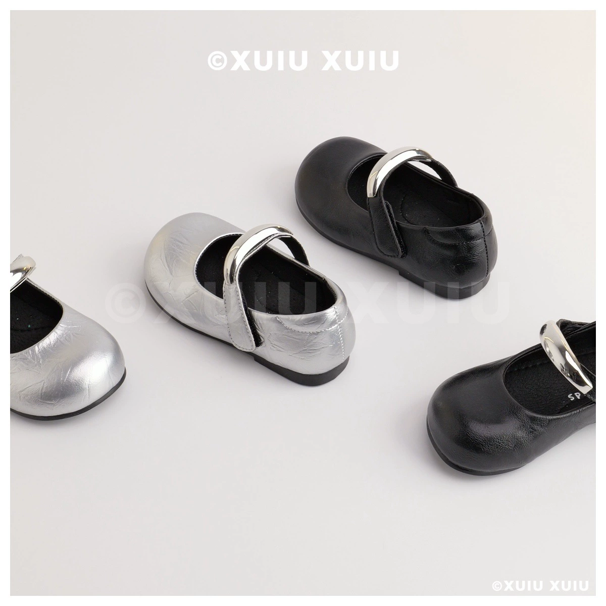 XSHX Metal Silver Chaussures Mary Jane à bout large pour filles, argent rétro, noir