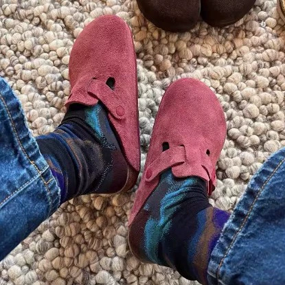 Розово-красные туфли Birkenstock для женщин, уличные, 2025, осенние новые, из натуральной кожи, замша, толстая подошва, носок, полутапочки
