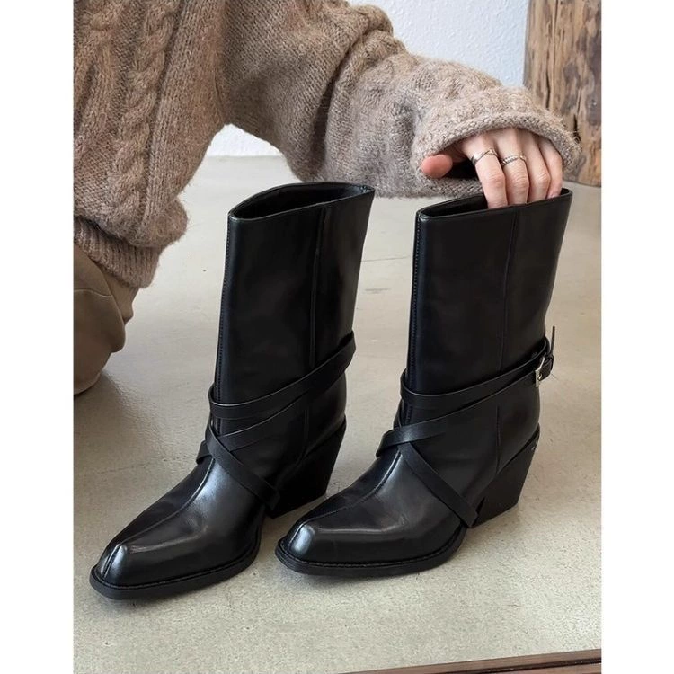 Botas vaqueras vintage de mujer con hebilla y correa, botas cortas de tacón grueso, botas de montar · MOHE China shoe factory