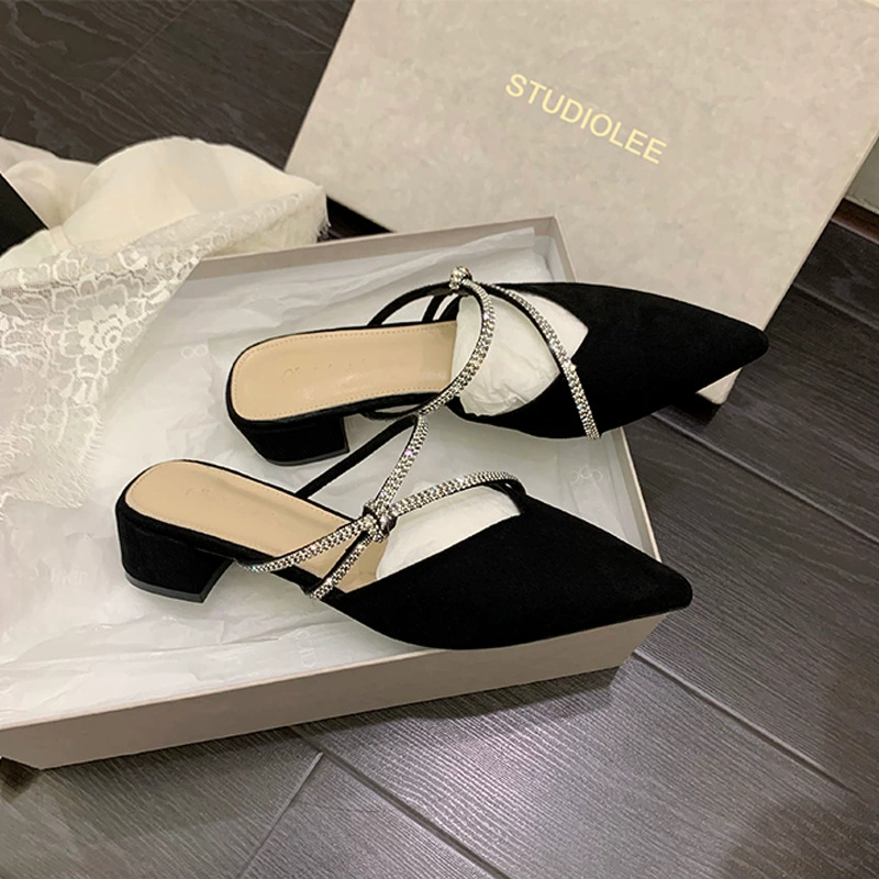 Mules Abertos Femininos Salto Grosso Rhinestone Bico Fino Rasteiras Coreanas Salto Médio Conforto · MOHE China shoe factory