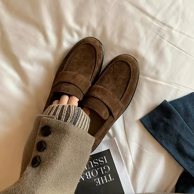 Nuevos Mocasines Planos Otoño Invierno Estilo Británico Maillard Tacón Grueso Slip On Versátiles Mujer