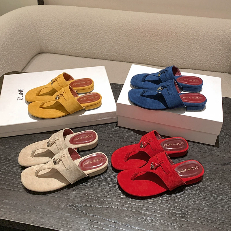 Sandalias de tacón bajo con borla y tira entre los dedos, estilo francés para mujer