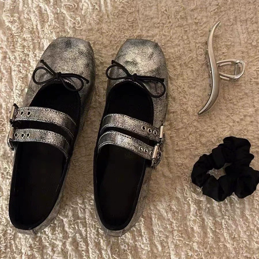 Zapatos de Marca Nicho Abiertos Rotos Ballet Sucio Plata Deportivo Ballet Punta Cuadrada Planos Zapatos de Moda Mujer