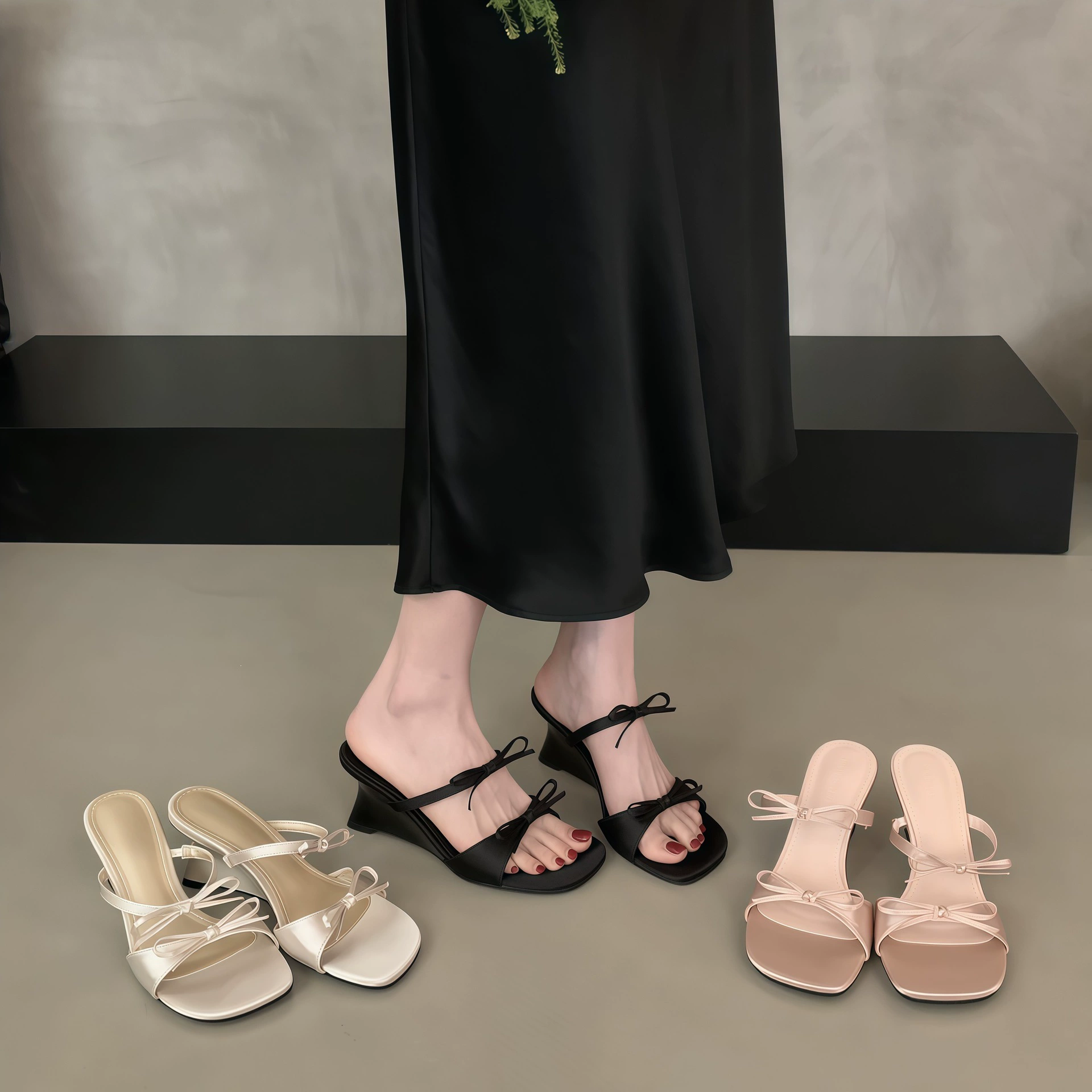 Mules femme françaises talon compensé satin nœud, sandales talon haut robe été 2026