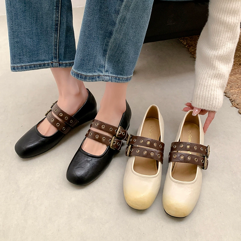 5 cm erhöhende schwarze Mary Jane Flats mit Doppelschnalle für Damen