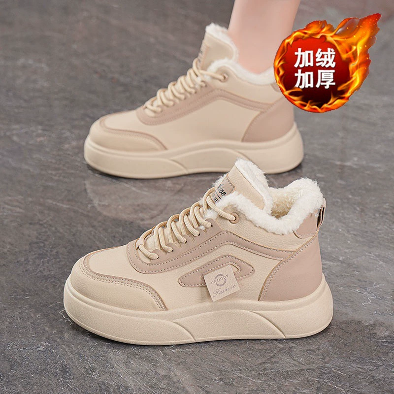 Zapatos Altos Forrados de Vellón Invierno 2025 Mujer Coreanos Gruesos Cálidos Zapatos de Algodón Casual Deportivas