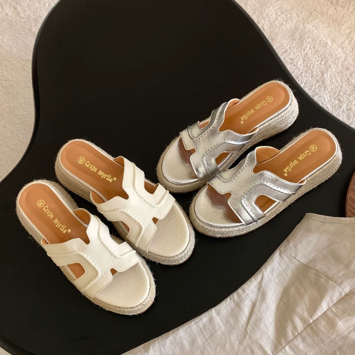 Women's Summer 6cm Platform Woven Wedge Heel Slide Sandals Retro Style