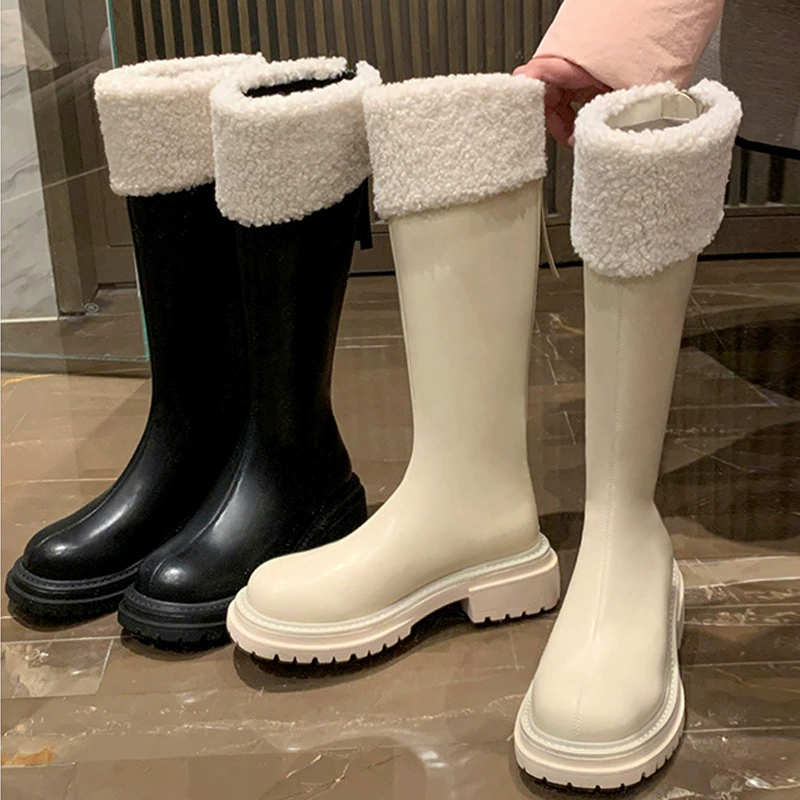 Nuevas Botas de Nieve Forradas de Vellón Plataforma Otoño Invierno Media Caña para Montar Tacón Grueso Mujer