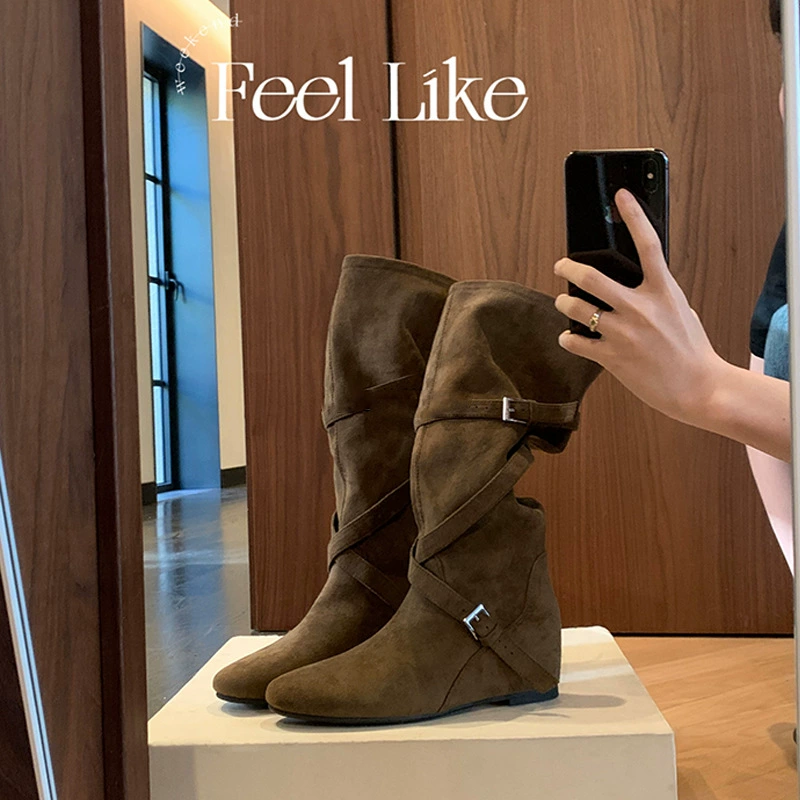 Women's Pointed Toe Korean Round Toe Buckle Soft Fold Mid Calf Boots 6cm