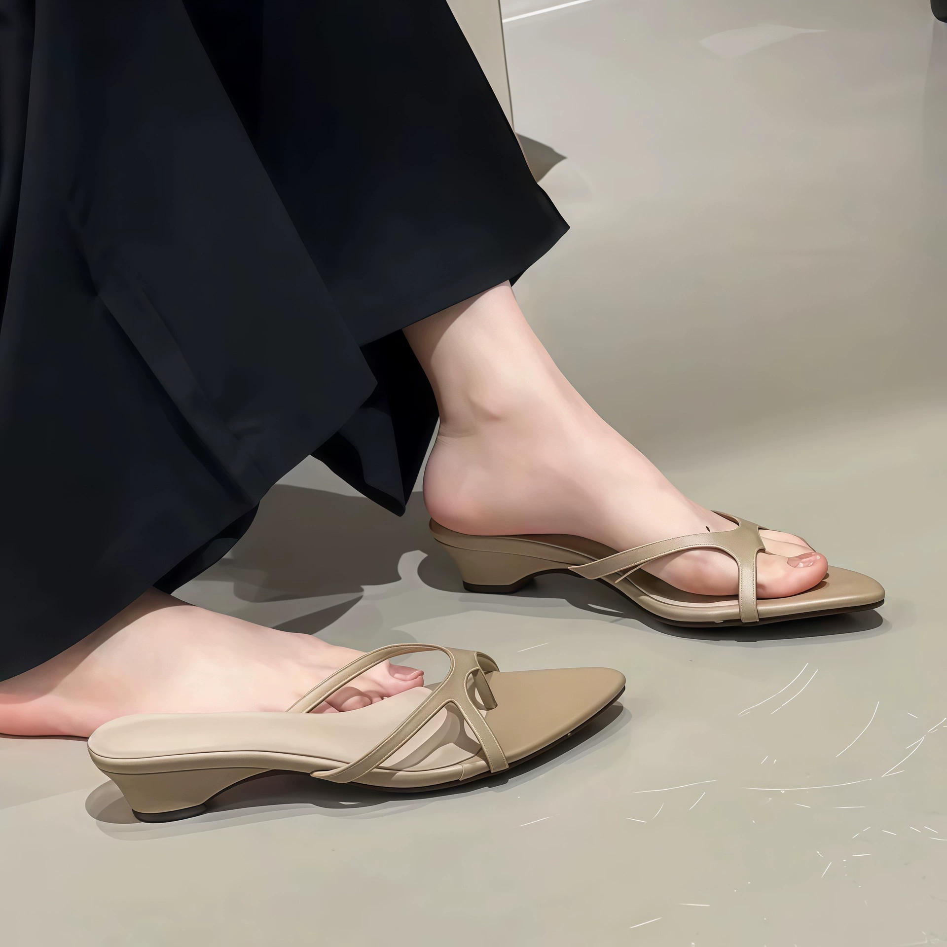 Mules femme bout ouvert talon compensé coréennes, sandales bout pointu avec anneau d'orteil