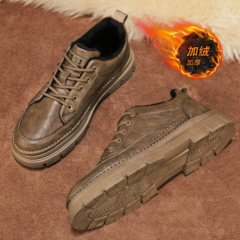 Men's Shoes Winter New Casual Leather Warm Lined Fashion Business Anti-Slip Work Shoes