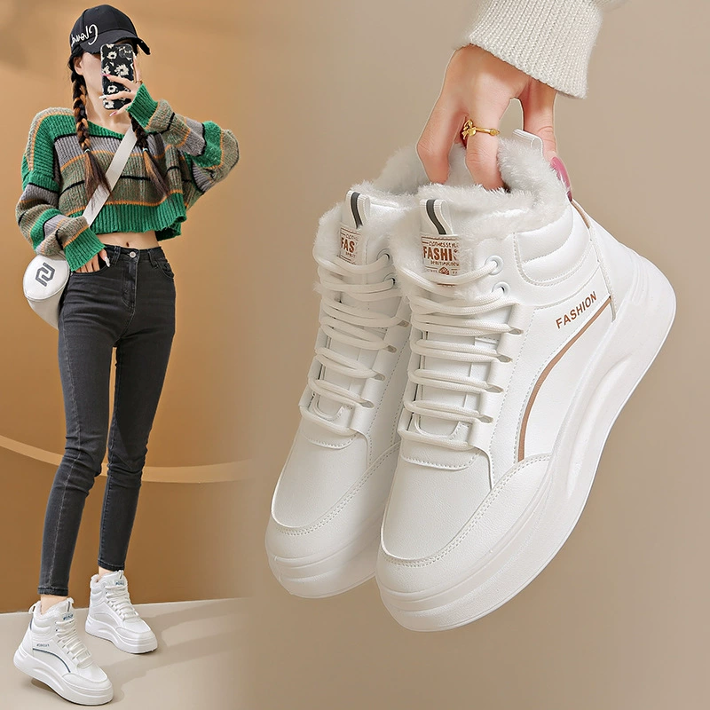 Tênis Branco Cano Alto Forrado com Pelos para Mulheres 2024 Inverno Coreano Quente Casual Sapatos Algodão · MOHE China shoe factory