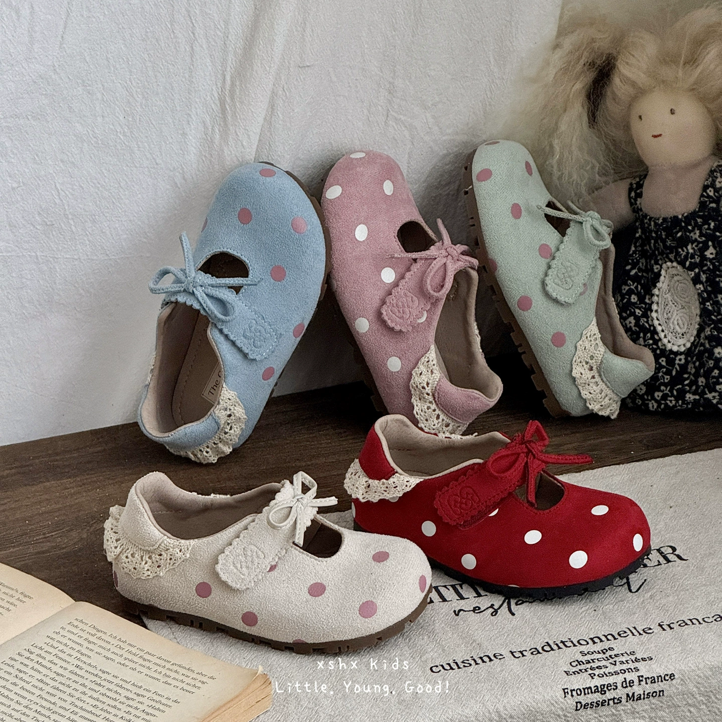 XSHX Macaron Girls Chaussures Mary Jane à pois, bout rond, semelle souple rétro printemps été