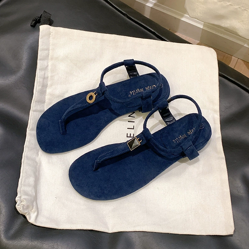Women's Summer Retro Contrast Gold Buckle T-Strap Flat Sandals Office