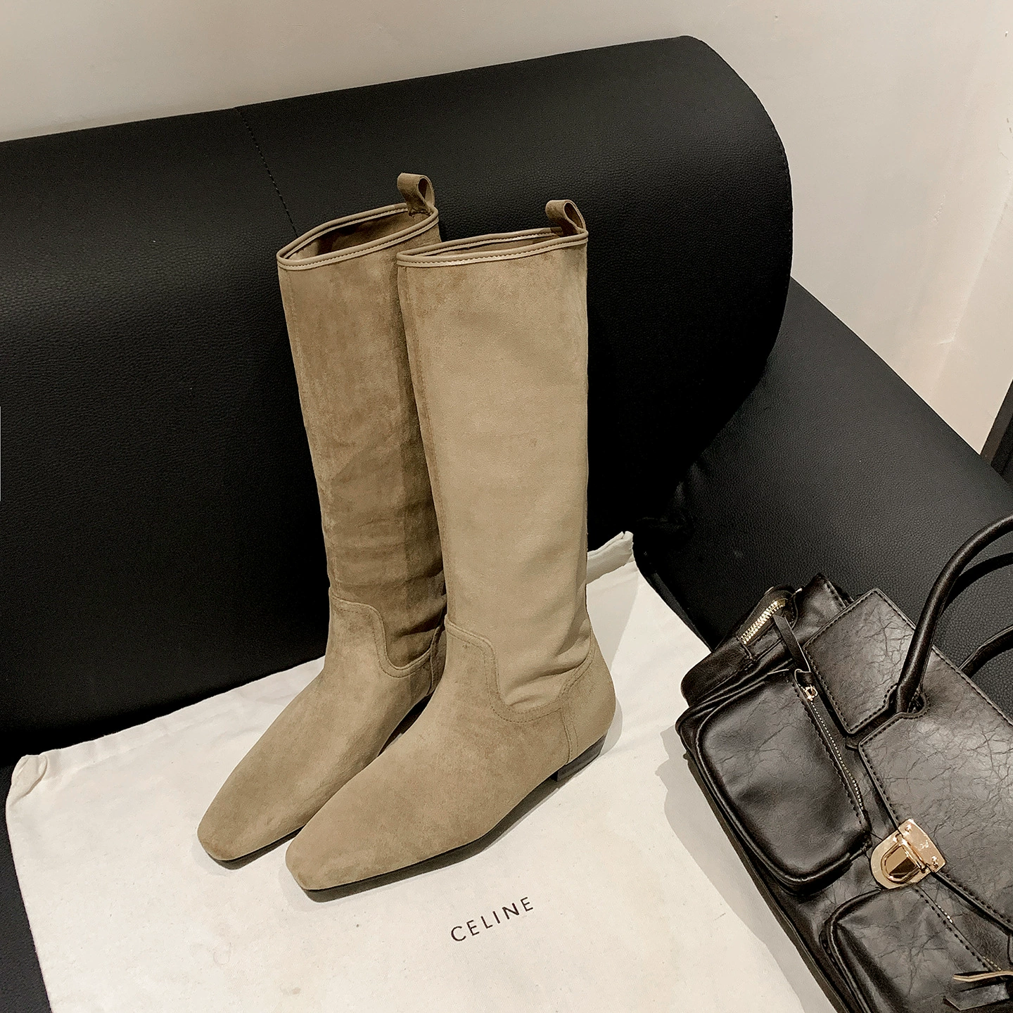 French Vintage Square Toe Hidden Heel Stacked Boots for Women, New Mid-Calf Riding Boots, Versatile