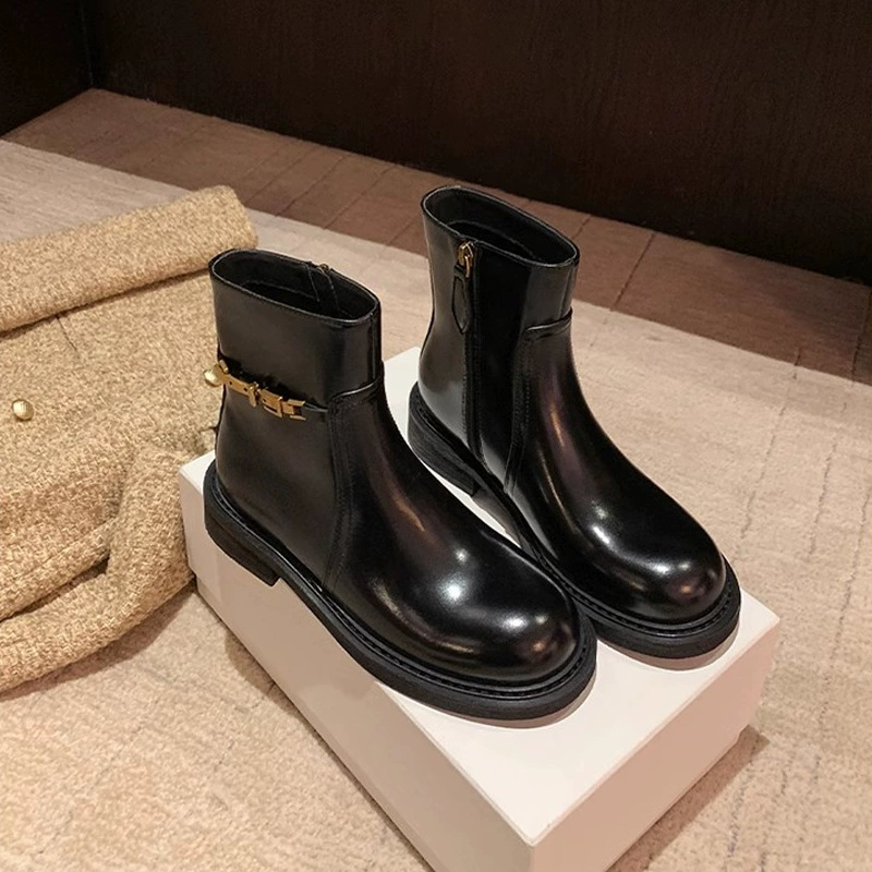 Bottines Chelsea pour femme, fermeture éclair latérale, petite boucle dorée, style motard, fines