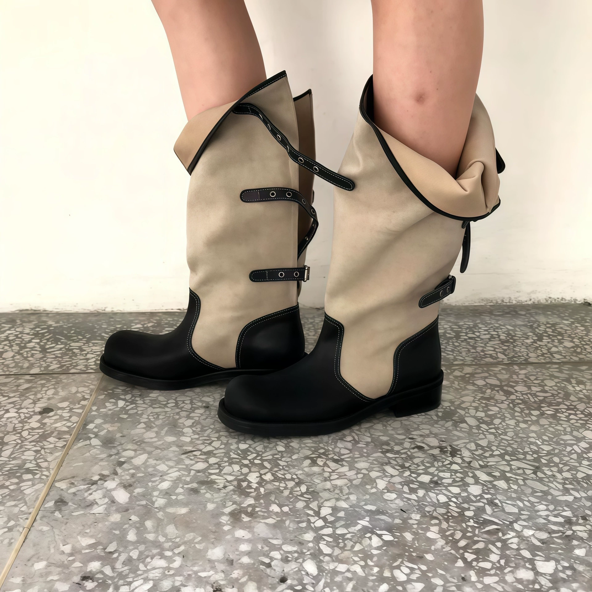 Botas Femininas Retrô Costuradas Estilo Cowboy 2026, Cano Largo Dobrável com Salto Empilhado