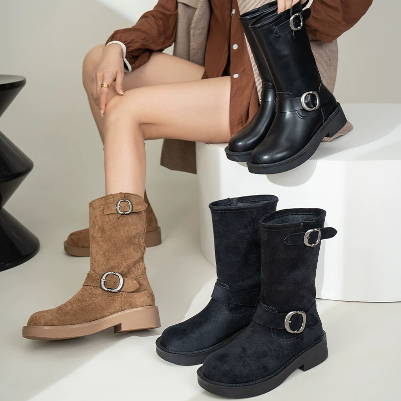 Nuevas botas Martin vintage de punta redonda con hebilla metálica para mujer, otoño-invierno