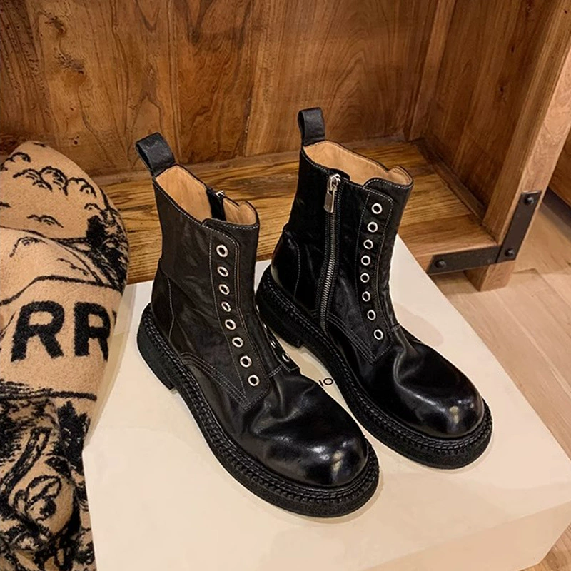 New Women's Washed Horsehide Vintage Thick Sole Eight-Hole Side Zip Motorcycle Martin Short Boots for Fall Winter