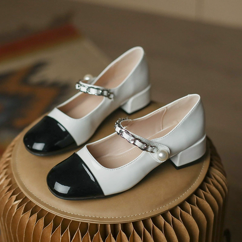 Sapatos Mary Jane Couro Femininos Retro Bloco Cor Salto Chunky Princesa Estilo 676-9 · MOHE China shoe factory