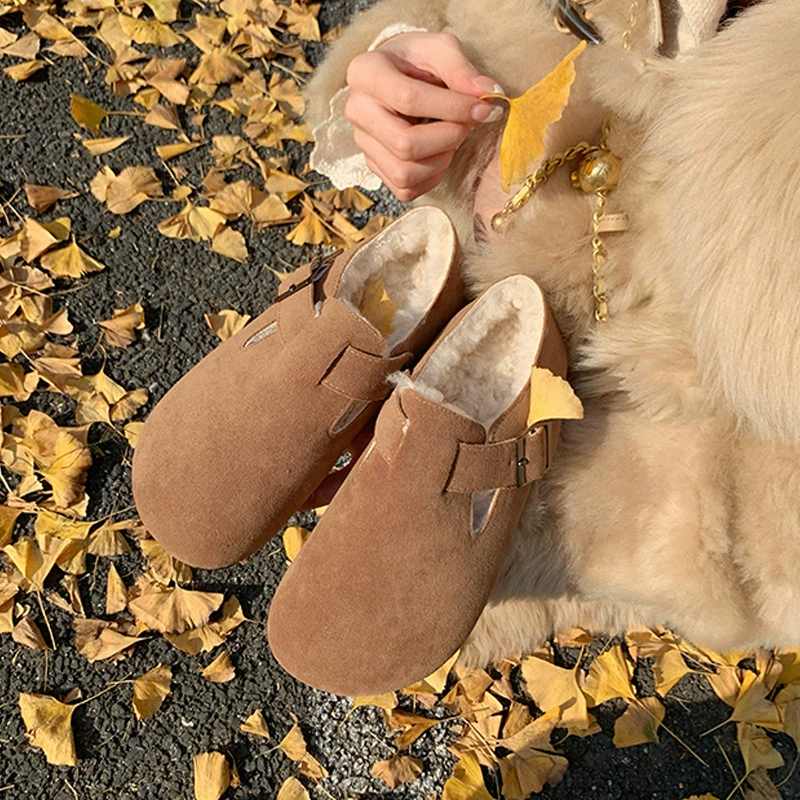Nuevos Clogs de Cuero Genuino Mujer Vintage Cobertura Completa Forrados de Vellón Plataforma Zapatos de Piel Cálidos Slip On Casuales