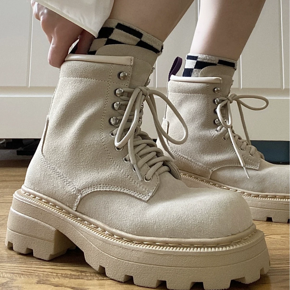 Botas Cano Alto Bico Quadrado Sola Grossa Feminino Estilo Rosa, Casuais Amarelas