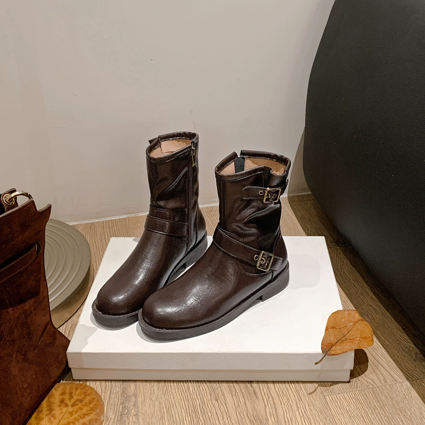 New Autumn Winter Side Zipper Flat Ankle Boots for Women, Thick Sole, Martin Boots, Western Style