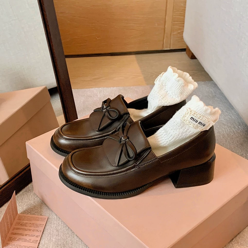 New Autumn Miu Style 5cm Heel Flap Bow Loafer Shoes for Women, Chunky Heel Thick Sole
