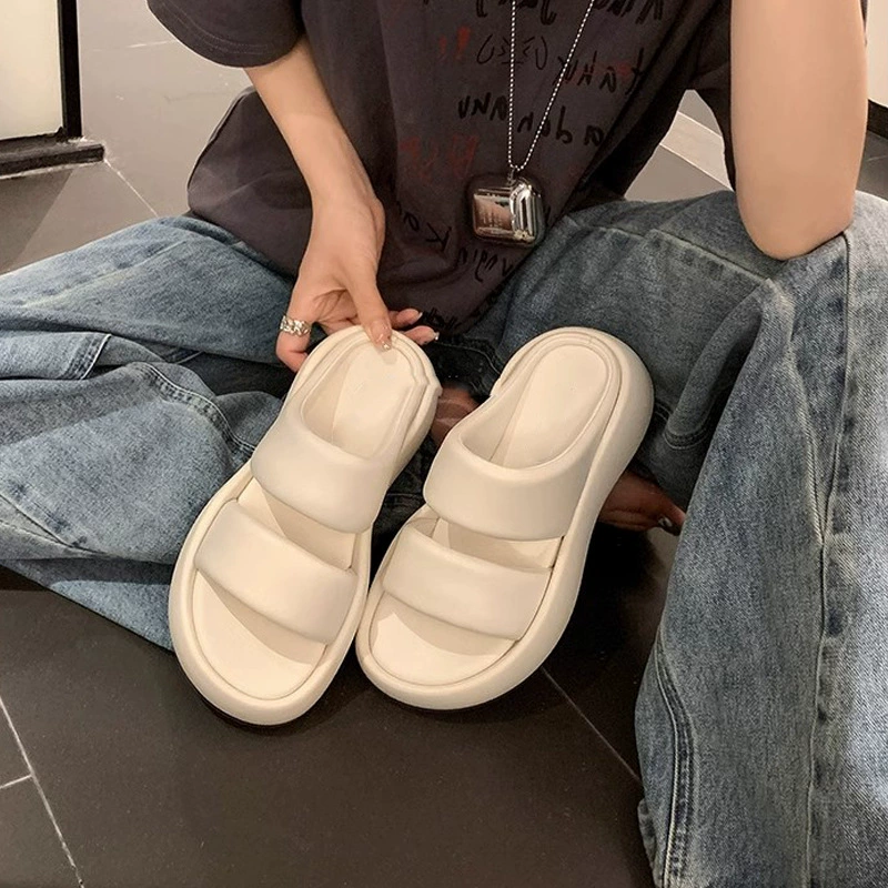 Zapatillas de plataforma de doble banda con cuero suave, suela nube, verano
