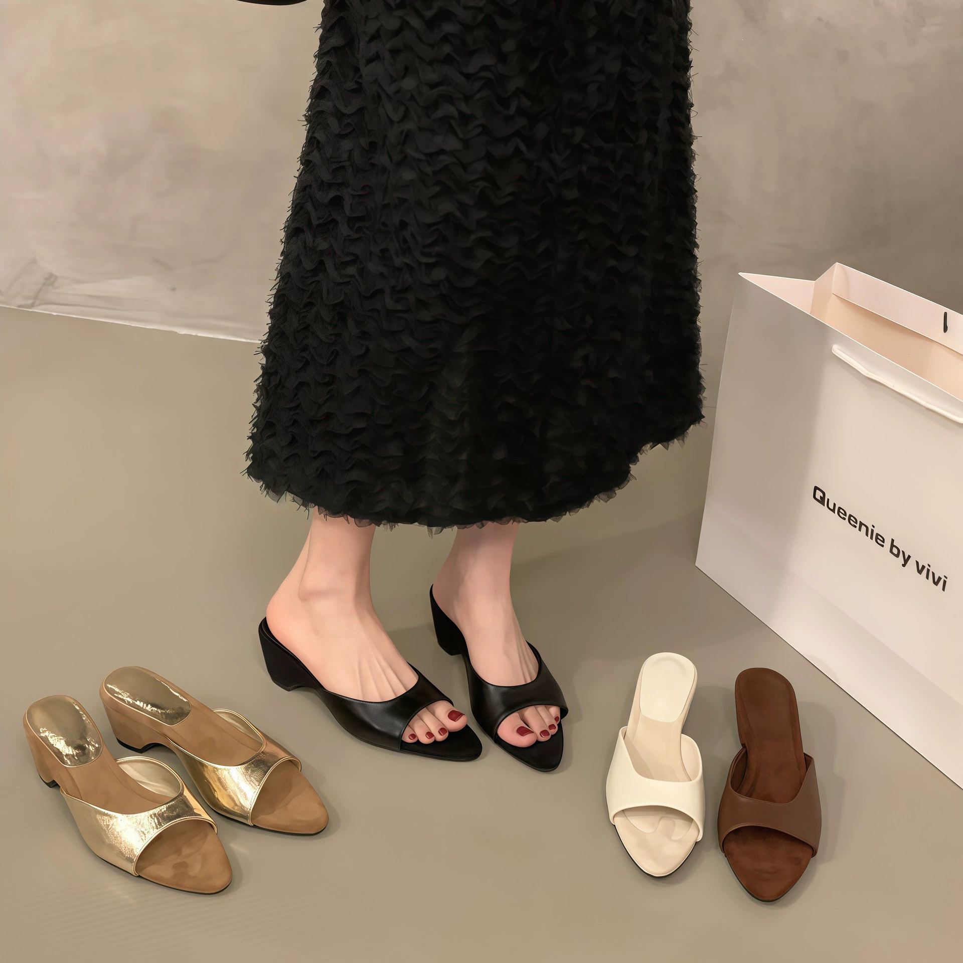 Mules femme talon épais bout pointu ouvert, sandales noires françaises robe été