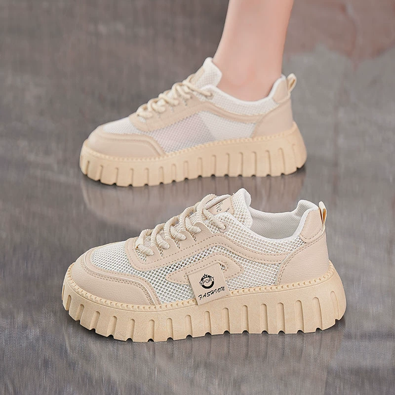 Zapatillas de Verano para Mujer Transpirables de Malla Hueca Suela Gruesa Coreana Blancas Casual