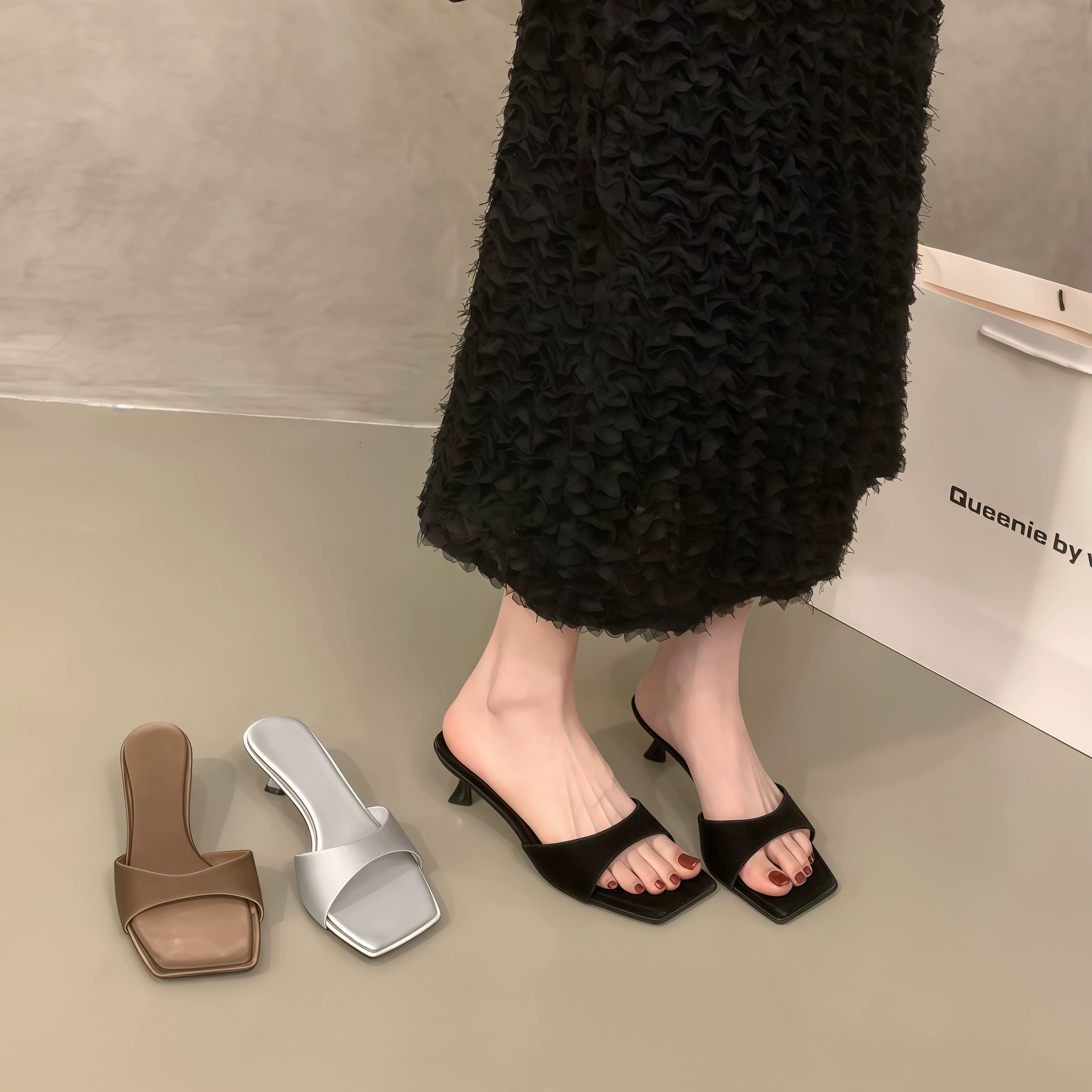 Chuyuji Sandálias Francesas de Salto Fino com Bico Aberto para Mulheres, Sapatos de Vestido Verão