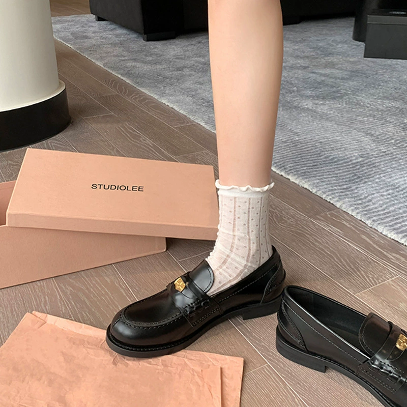 Mocassins Femininos Primavera Outono, Slip On, Fivela Dourada, Bico Redondo, Estilo Japonês JK, 22G06