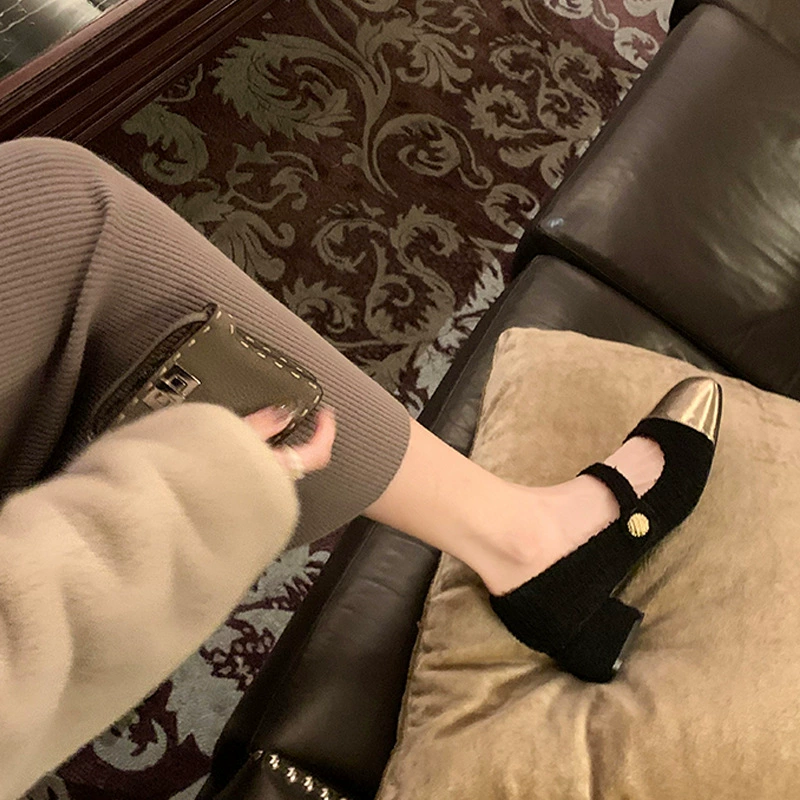 Chaussures Mary Jane femme printemps, laine française Chanel, bloc de couleur, talon mi-haut bloc, bout rond · MOHE China shoe factory