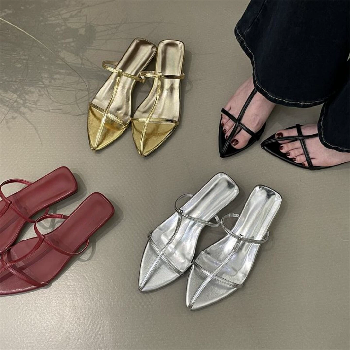 Chuyuji Sandales à Talon Bloc Pointu, Bride Fine, Été 2026, Talon Bas Vacances Romaines · MOHE China shoe factory