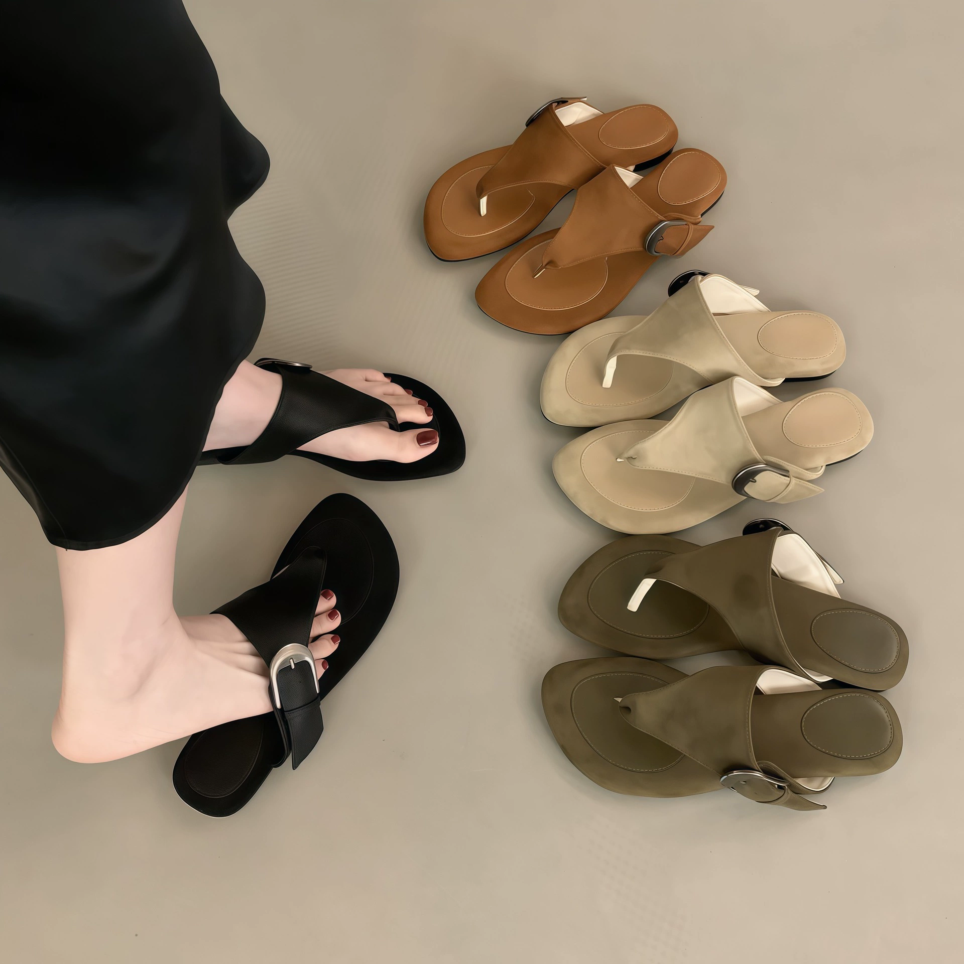 Chuyuji Sandales à lanière entre les orteils femme, boucle coréenne, été 2026, mules plates antidérapantes · MOHE China shoe factory