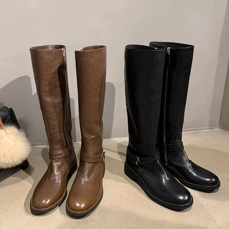 New Autumn Winter Double Buckle Round Toe Knee High Boots for Women