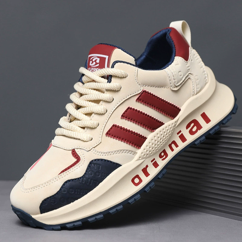 Men's Breathable Genuine Leather Casual Sneakers, Three-Stripe Thick Sole Dad Shoes 2024